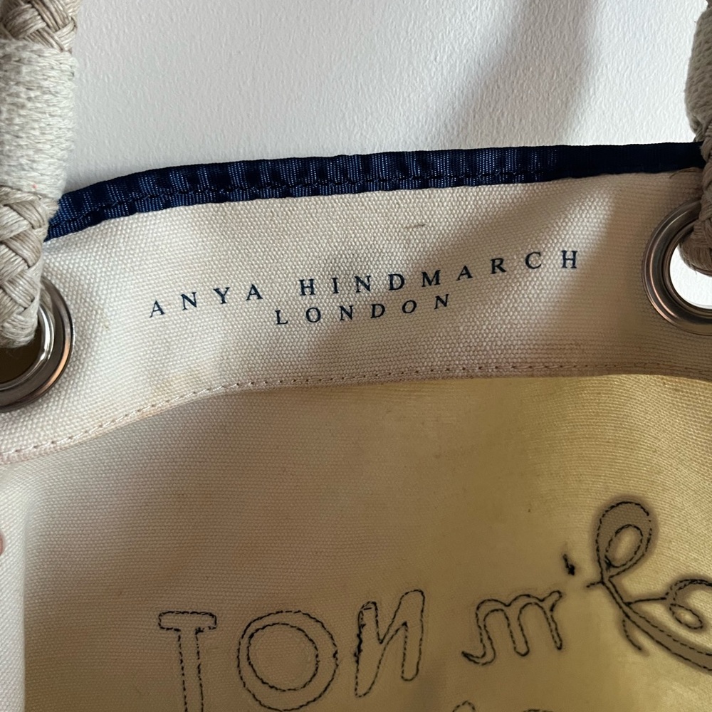 Anya Hindmarch London I AM NOT A PLASTIC BAG Cream and Navy Canvas Tote Bag - Picture 9 of 13